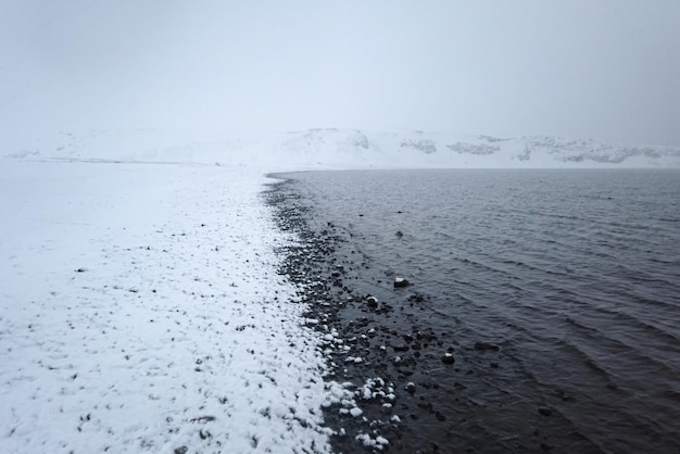 Plage volcanique Reynisfjara noir et blanc avec des colonnes de sculptures de basalte s'élever de la mer Islande Europe