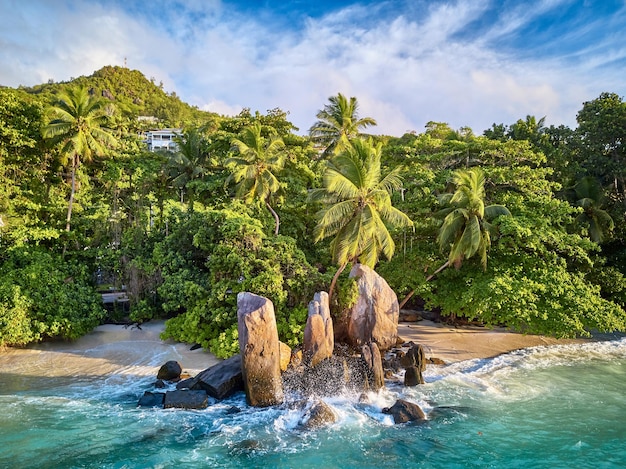 Plage à la vue aérienne de dessus des Seychelles