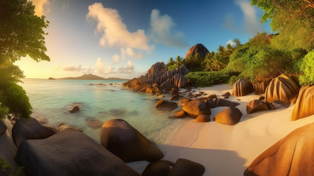 Une plage avec vue sur l'île de la digue en arrière-plan