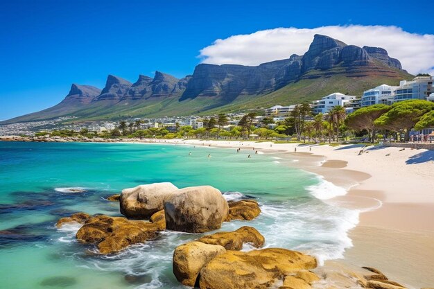 Photo une plage avec une vue sur les montagnes et une plage