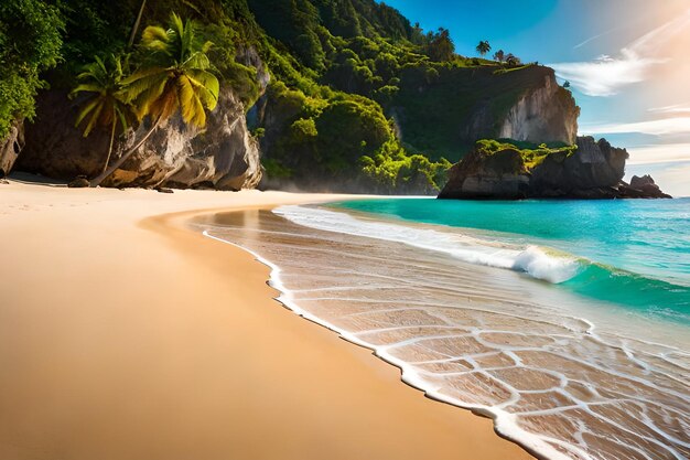 Une plage avec vue sur l'océan et les montagnes