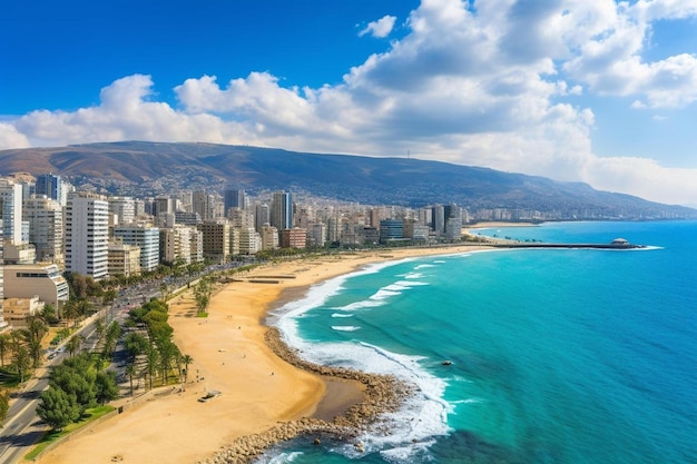 une plage avec une vue sur une ville et une ville