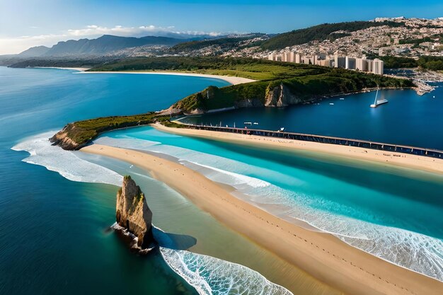 Une plage avec une vue sur une ville et une ville.