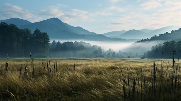 Une plaine au bord d'un brouillard de forêt en arrière-plan