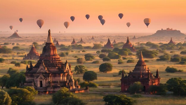 Photo la plaine de bagan au lever du soleil à mandalay, au myanmar