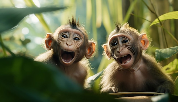 Les plaisanteries des singes dans une jungle tropicale.