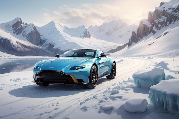 Le plaisir de conduire une Aston Martin Vantage élégante et puissante sur une route de glace gelée entourée