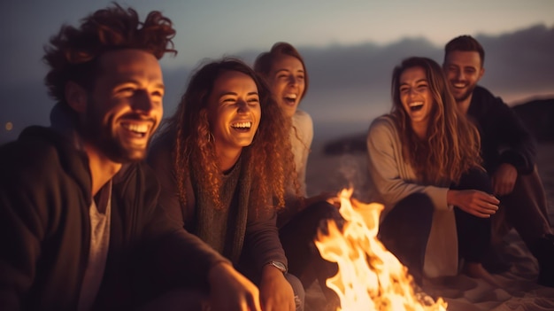 Photo plaisir du feu de joie sur la plage avec un groupe