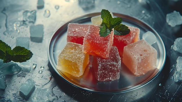 Un plaisir turc gourmet coloré sur un plateau en métal avec de la menthe au milieu de la glace qui fond photographie culinaire artistique pour les amateurs de desserts AI