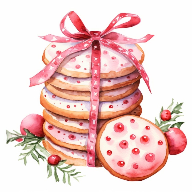 Des plaisirs festifs colorés Des biscuits de Noël à l'aquarelle avec des cliparts de glaçage roses sur fond blanc