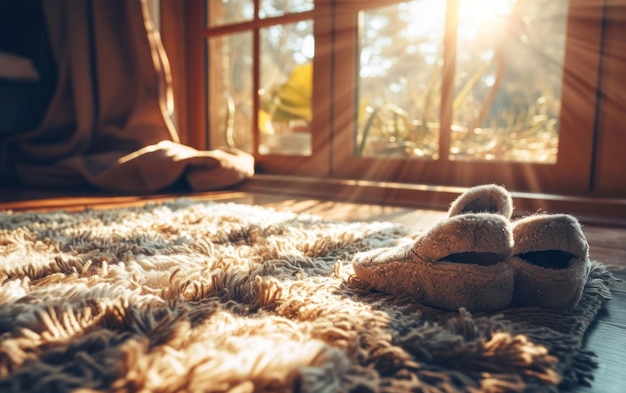 Des plaisirs simples une paire de pantoufles confortables sur un tapis près d'une fenêtre ensoleillée