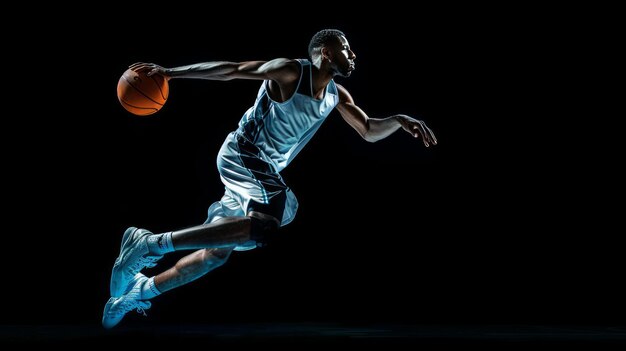 Un plan d'action dynamique d'un jeune joueur de basket-ball professionnel isolé sur un fond noir captu