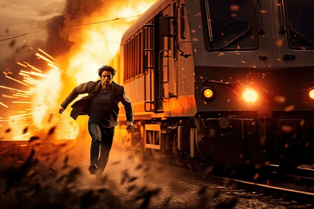 Plan d'action avec un homme sautant du train Scène dynamique avec explosion d'un wagon dans le style d'un film d'action à succès IA générée