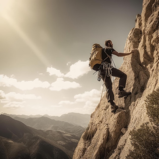 Plan d'un alpiniste escaladant une montagne escarpée IA générative