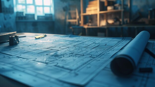 Photo un plan architectural avec une règle et des ciseaux sur une table de construction