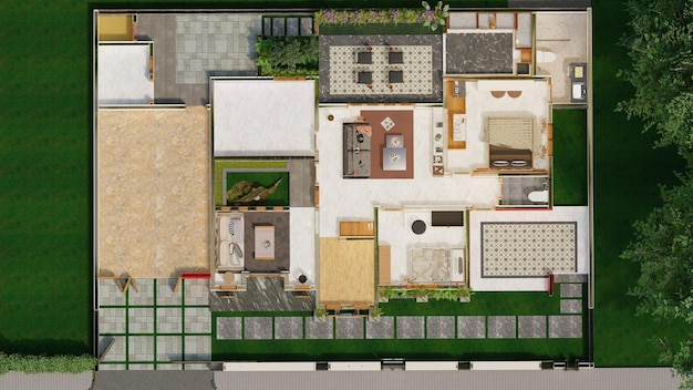 Plan d'architecture Plan d'implantation, maison d'habitation de plain-pied Illustration 3D