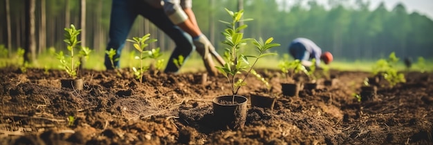 Photo plan arrière d'activistes écologistes plantant des arbres et restaurant un écosystème dégradé ai générative