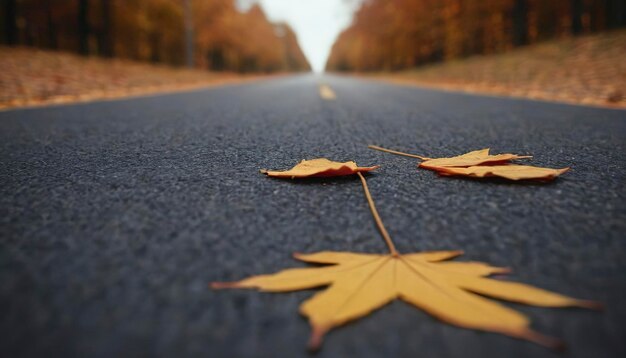 Photo un plan en bas angle d'une route d'asphalte vide avec plusieurs feuilles d'automne dessus