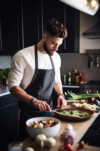 Plan d'un beau jeune homme dans la cuisine cuisinant pendant la journée créé avec une IA générative