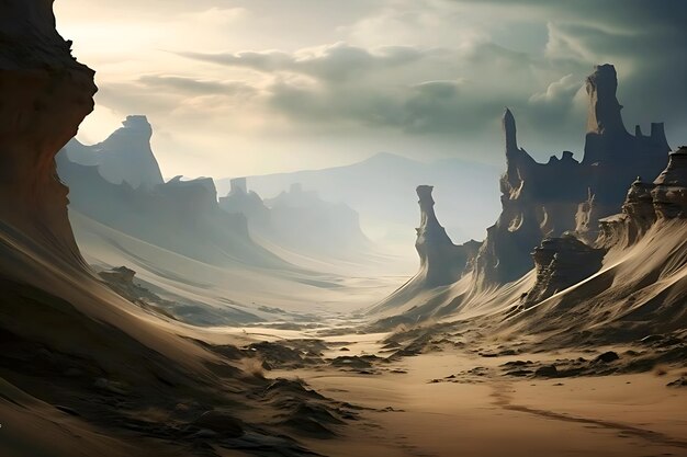 Un plan captivant d'un profond canyon désertique baigné d'une chaude lumière dorée un jeu dramatique d'ombres