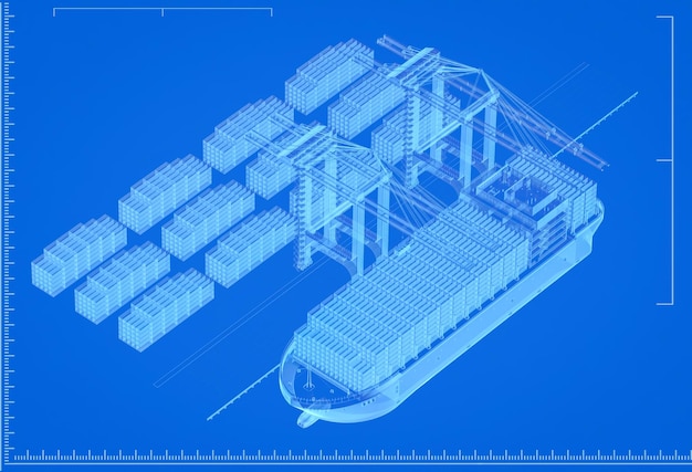 Plan d'un cargo ou d'un navire avec des conteneurs au port terminal