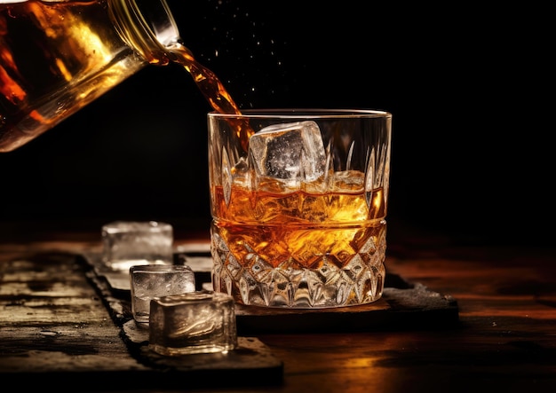 Un plan cinématographique capturant le moment où un barman verse du whisky écossais et du Drambuie sur de la glace pour