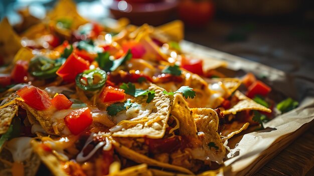 Plan cinématographique de nachos au fromage conservés dans un fond sombre AI générative