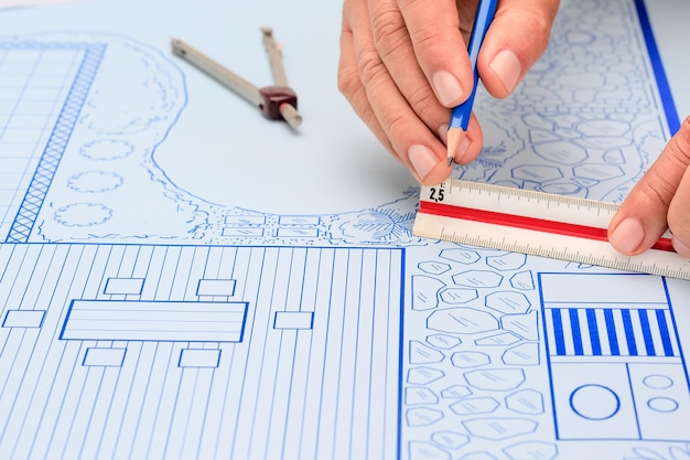 Plan de conception de jardin et de piscine d'arrière-cour pour villa.