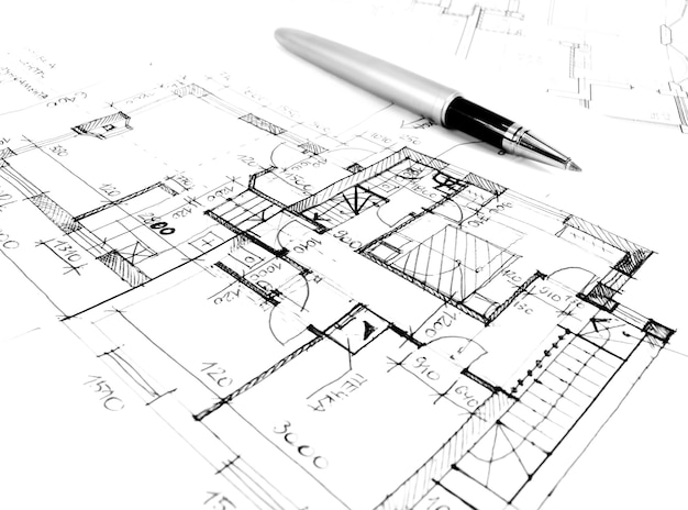 Photo plan de dessin architectural de l'ingénierie de l'architecture du projet de maison et du concept de style immobilier