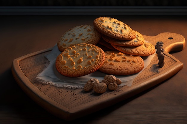 Plan détaillé de biscuits fraîchement cuits au four biscuits appétissants sur un plateau en bois