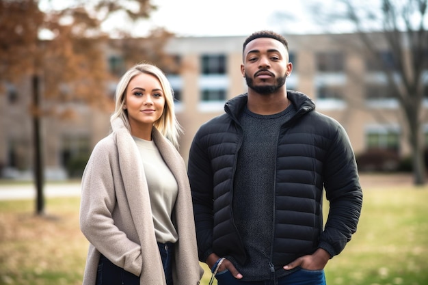 Plan de deux étudiants debout à l'extérieur sur un campus