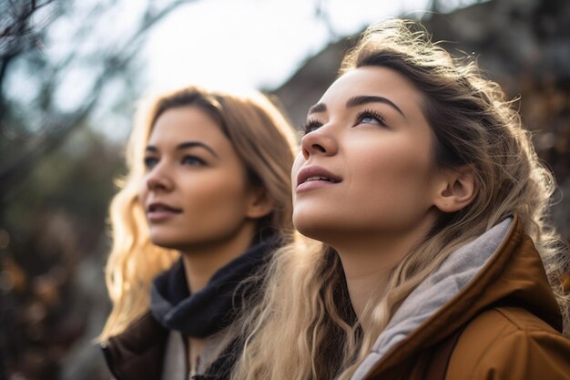 Plan de deux jeunes femmes prenant une bouffée d'air frais à l'extérieur