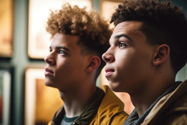 Plan de deux jeunes hommes regardant une exposition d'art