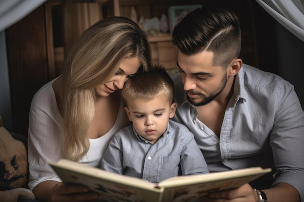 Plan de deux parents faisant la lecture à leur petit garçon