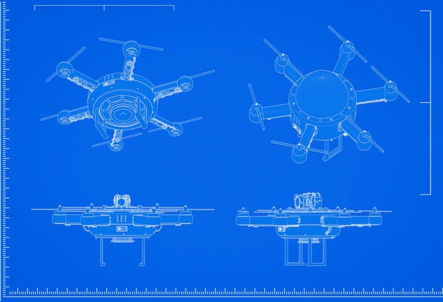 Photo plan de drone de rendu 3d avec échelle sur fond bleu