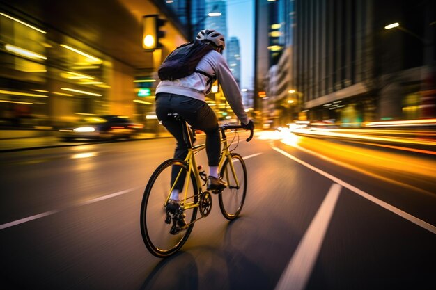 Photo plan dynamique d'un cycliste circulant sur une piste cyclable dédiée. ia générative