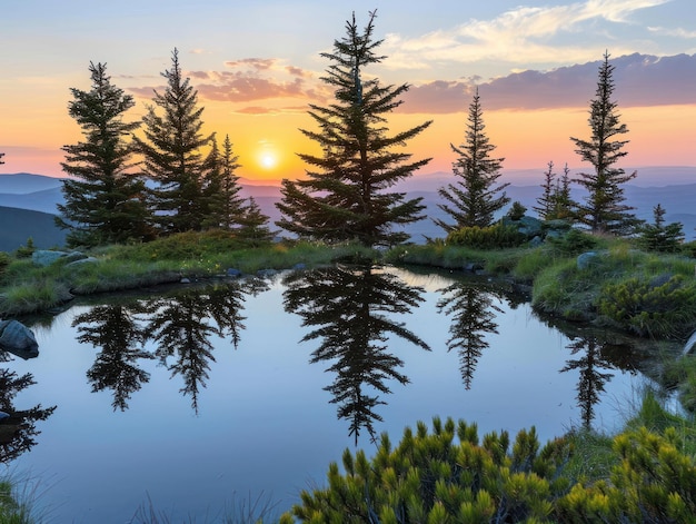 Photo un plan d'eau avec des arbres et un coucher de soleil