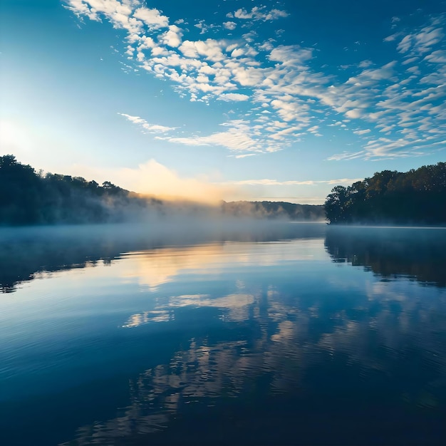 un plan d'eau entouré d'arbres et de nuages