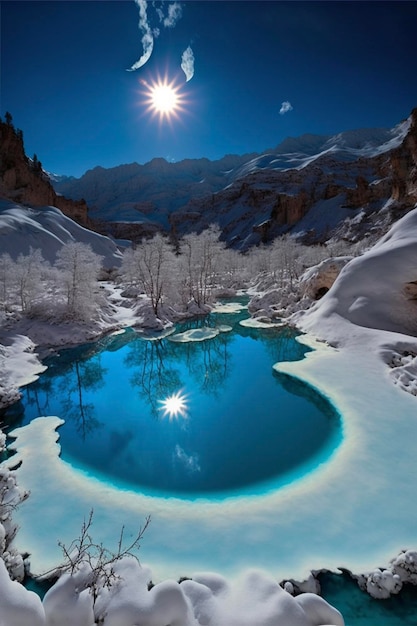 Plan d'eau entouré d'un sol enneigé