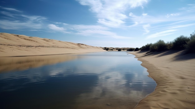 un plan d'eau entouré de tous côtés par des dunes de sable