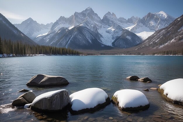 Un plan d'eau avec de la neige sur des rochers et des montagnes en arrière-plan