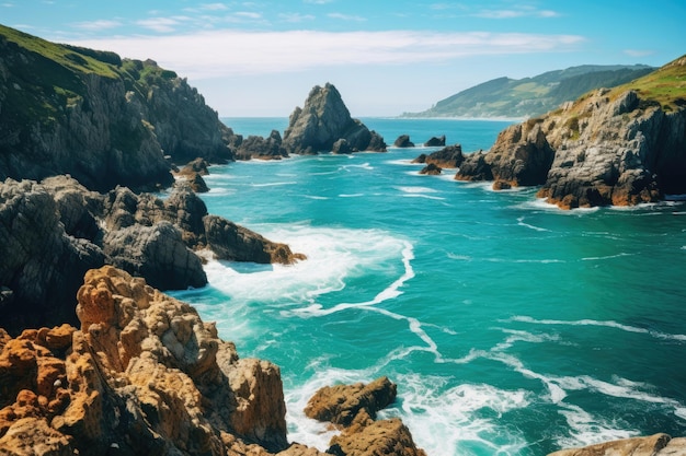 un plan d'eau avec des rochers et des collines avec Kynance Cove en arrière-plan