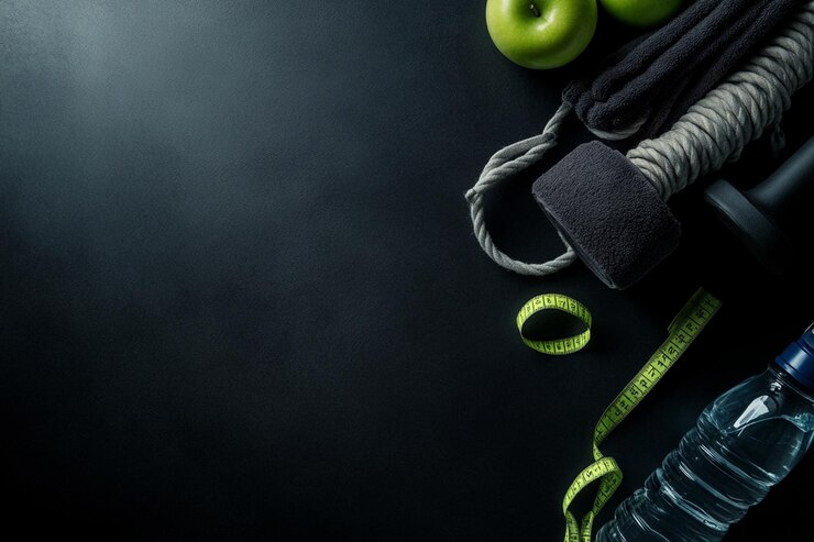 Photo un plan d'entraînement avec des équipements de fitness sur fond sombre vue supérieure