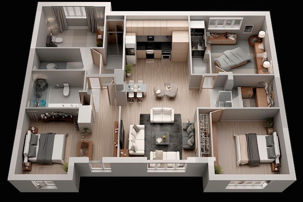 Plan d'étage 3D génératif de l'IA illustration d'une maison avec 3 chambres à coucher salon cuisine salle de lavage salle de bain