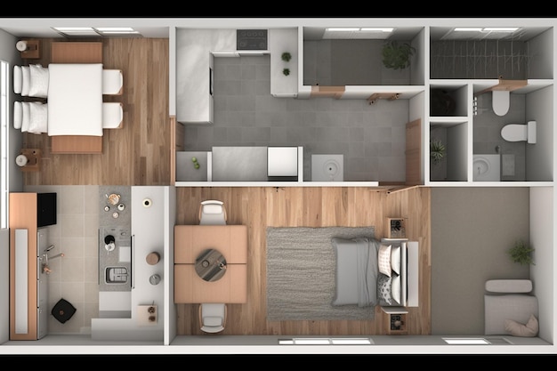 Photo plan d'étage 3x16 mètres avec 2 chambres à coucher une salle de bain concept de cuisine ouverte sans fenêtres