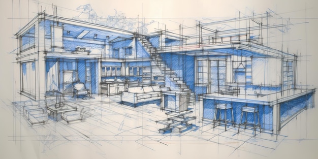 Plan d'étage imprimé en bleu fond architectural dessin technique