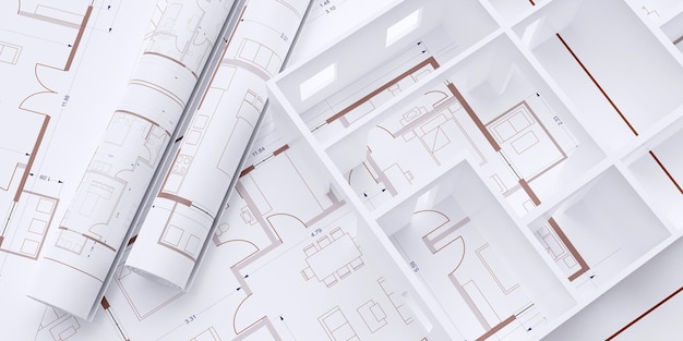 Photo plan d'étage de la maison et concept de construction de modèle dessins de plan d'architecture arrière-plan 3d