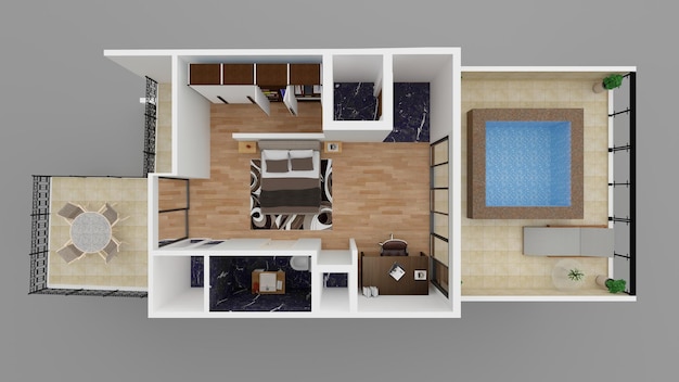 Un plan d'étage d'une maison avec une piscine et un lit.
