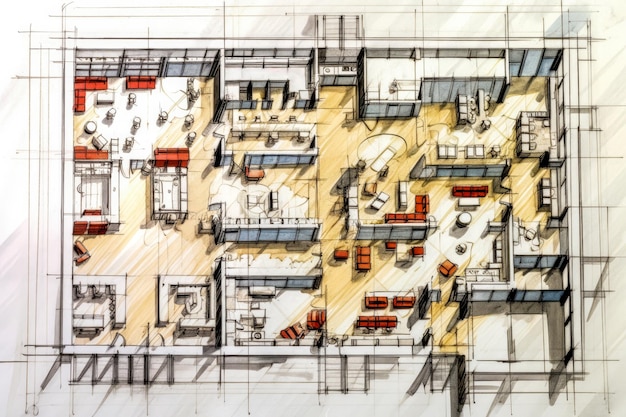 Plan d'étage d'un nouveau bureau spacieux dessiné par un architecte AI générative