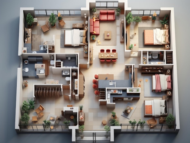 Plan d'étage vue de dessus intérieur de l'appartement Maquettes Design 3D Maquettes de haute qualité Generative Ai